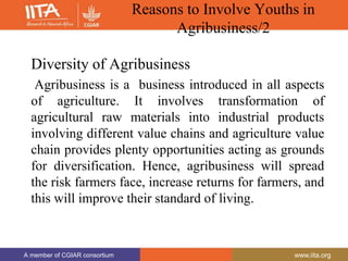 A member of CGIAR consortium www.iita.org
A member of CGIAR consortium www.iita.org
Reasons to Involve Youths in
Agribusiness/2
Diversity of Agribusiness
Agribusiness is a business introduced in all aspects
of agriculture. It involves transformation of
agricultural raw materials into industrial products
involving different value chains and agriculture value
chain provides plenty opportunities acting as grounds
for diversification. Hence, agribusiness will spread
the risk farmers face, increase returns for farmers, and
this will improve their standard of living.
 