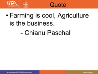 A member of CGIAR consortium www.iita.org
A member of CGIAR consortium www.iita.org
Quote
• Farming is cool, Agriculture
is the business.
- Chianu Paschal
 