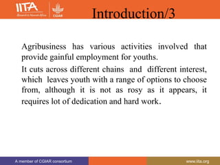 A member of CGIAR consortium www.iita.org
A member of CGIAR consortium www.iita.org
Introduction/3
Agribusiness has various activities involved that
provide gainful employment for youths.
It cuts across different chains and different interest,
which leaves youth with a range of options to choose
from, although it is not as rosy as it appears, it
requires lot of dedication and hard work.
 