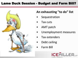 Lame Duck Session - Budget and Farm Bill?

                   An exhausting "to do" list
                   •   Sequestration
                   •   Tax cuts
                   •   AMT patch
                   •   Unemployment measures
                   •   Tax extenders
                   •   Debt ceiling
                   •   Farm Bill
 