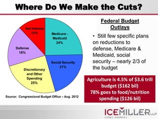 Where Do We Make the Cuts?
                                                        Federal Budget
            Net Interest                                   Outlays
               12%           Medicare -
                             Medicaid
                                                    • Still few specific plans
                               24%                  on reductions to
      Defense                                       defense, Medicare &
       18%
                                                    Medicaid, social
                             Social Security        security – nearly 2/3 of
                                  21%               the budget
           Discretionary
             and Other
             Spending                             Agriculture is 4.5% of $3.6 trill
               25%
                                                        budget ($162 bil)
                                                   78% goes to food/nutrition
Source: Congressional Budget Office – Aug. 2012
                                                       spending ($126 bil)
 