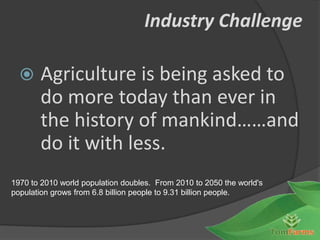 Industry Challenge

      Agriculture is being asked to
       do more today than ever in
       the history of mankind……and
       do it with less.
1970 to 2010 world population doubles. From 2010 to 2050 the world's
population grows from 6.8 billion people to 9.31 billion people.
 