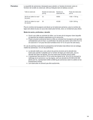 Plantation La quantité de semences nécessaire pour planter un hectare de terrain varie en
fonction de la taille du tubercule, telle qu’indiquée dans le tableau suivant :
Taille du tubercule Nombre de tubercules
par Kg
Nombre de
tubercules /ha
Poids des tubercules
par ha
28-35 mm (taille d’un œuf
de poule)
32 45000 1.500 -1.700 kg
36-45 mm (taille d’un œuf
de canard)
28 40.000 1.200-1.500 kg
Plus le nombre de bourgeons est élevé sur le tubercule semence, plus le nombre de
tiges sera élevé et plus on aura des tubercules formés, donc un rendement plus élevé.
Mode de semis, profondeur, densité.
Ouvrir une crête au sommet du billon, sur le sens de la longueur dans laquelle
on épandra les engrais organiques qu’on recouvrira.
Placer ensuite la semence dans la crête en orientant les bourgeons pré germés
verticalement vers le haut. La profondeur de semis de semis varie entre 5 et 12
cm (soit de 5-7 cm pour les sols humides et de 10-12 cm pour les sols secs).
En cas de planting à plat dans la perspective de formation des billons lors du buttage,
mettre les semences à 5 cm de profondeur.
La densité réelle pour une culture de pomme de terre est la densité des
tubercules plantés multipliée par le nombre de tiges par tubercules, plus la
densité des tiges est élevée, plus les tubercules produits seront petits.
L’écartement sera de 65 à 75 cm entre les lignes et de 20 à 25 cm (suivant le
calibrage de la semence ) sur les lignes, soit une densité de 50 000 à 80 000
plants par ha, représentant 2000 à 2500 kg de semences selon le calibre et les
écartements choisis.
Les tubercules ne doivent pas être sectionnés.
3/8
 