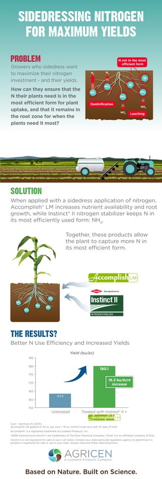 Based on Nature. Built on Science.
AGRICENA Loveland Products Company
Growers who sidedress want
to maximize their nitrogen
investment - and their yields.
How can they ensure that the
N their plants need is in the
most efficient form for plant
uptake, and that it remains in
the root zone for when the
plants need it most?
When applied with a sidedress application of nitrogen,
Accomplish® LM increases nutrient availability and root
growth, while Instinct® II nitrogen stabilizer keeps N in
its most efficiently used form: NH4
.
Together, these products allow
the plant to capture more N in
its most efficient form.
Better N Use Efficiency and Increased Yields
Corn - Northern IN (2013)
Accomplish LM applied at 32 oz. per acre + 19 oz. Instinct II per acre with 47 gals of UAN
Accomplish® is a registered trademark of Loveland Products, Inc.
®DOW Diamond and Instinct II are trademarks of The Dow Chemical Company (“Dow”) or an affiliated company of Dow.
Instinct II is not registered for sale or use in all states. Contact your state pesticide regulatory agency to determine if a
product is registered for sale or use in your state. Always read and follow label directions.
NH4
NH4
185
180.1
163.8
Treated with Instinct® II +Untreated
Yield (bu/ac)
180
175
170
165
160
155
16.3 bu/acre
increase
NH4
NH4
NH4
N2
N2
NO3
NO3
NH4
NH4
Leaching
Denitriﬁcation
N
N
N not in the most
efficient form
NH4
NH4
 