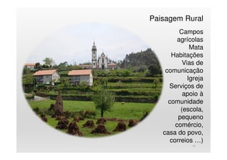 Paisagem Rural
15
Campos
agrícolas
Mata
Habitações
Vias de
comunicação
Igreja
Serviços de
apoio à
comunidade
(escola,
pequeno
comércio,
casa do povo,
correios …)
 