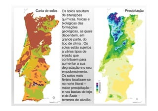9
Carta de solos PrecipitaçãoOs solos resultam
de alterações
químicas, físicas e
biológicas das
formações
geológicas, as quais
dependem, em
grande parte, do
tipo de clima . Os
solos estão sujeitos
a vários tipos de
erosão que
contribuem para
aumentar a sua
degradação e o seu
empobrecimento.
Os solos mais
férteis localizam-se
no norte litoral –
maior precipitação -
e nas bacias do tejo
e do Sado –
terrenos de aluvião.
 