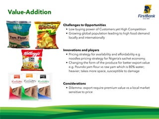 Challenges to Opportunities
• Low buying power of Customers yet High Competition
• Growing global population leading to high food demand
locally and internationally
Innovations and players
• Pricing strategy for availability and affordability e.g
noodles pricing-strategy for Nigeria’s sachet economy.
• Changing the form of the produce for better export value
e.g. Poundo yam ﬂour vs raw yam which is 80% water;
heavier; takes more space, susceptible to damage
Considerations
• Dilemma: export require premium value vs a local market
sensitive to price
Value-Addition
 