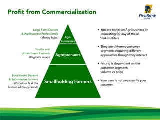 Agri-
businesses
Agroprenuers
Smallholding Farmers
• You are either an Agribusiness or
innovating for any of these
Stakeholders
• They are different customer
segments requiring different
approaches though they interact
• Pricing is dependent on the
customer segment;
volume vs price
• Your user is not necessarily your
cusomer.
Large Farm Owners
& Agribusiness Professionals
(Money hubs)
Youths and
Urban-based Farmers
(Digitally savvy)
Rural-based Peasant
& Subsistence Farmers
(Populous & at the
bottom of the pyramid)
Proﬁt from Commercialization
 