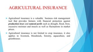 AGRICULTURAL INSURANCE


Agricultural insurance is a valuable business risk management
tool that provides farmers with financial protection against
production loses and natural perils such as drought, flood, frost,
excessive moisture and insects as well as fluctuations in market
prices.



Agricultural insurance is not limited to crop insurance, it also
applies to livestock, bloodstock, forestry, aquaculture, and
greenhouses.

 