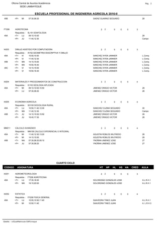 ESCUELA PROFESIONAL DE INGENIERIA AGRICOLA 2016-II
Oficina Central de Asuntos Académicos Pág. 3
SEDE LAMBAYEQUE
MI 28
SAENZ GUARNIZ SEGUNDO
45B <P> 07:30,08:20
FT206 2 0 0 0 3
AGROTECNIA
Requisitos : SL151 EDAFOLOGIA
2
LU 28
45A <T> 09:10,10:00
JU Campo
<P> 11:40,12:30
IA203 2 0 0 0 3
DIBUJO ASISTIDO POR COMPUTADORA
Requisitos : IA152 GEOMETRIA DESCRIPTIVA Y DIBUJO
2
VI L.Comp.
SANCHEZ AYEN JANNIER
45A <T> 10:00,10:50
VI L.Comp.
SANCHEZ AYEN JANNIER
<P> 11:40,12:30
MA L.Comp.
SANCHEZ AYEN JANNIER
45B <T> 14:10,15:00
MA L.Comp.
SANCHEZ AYEN JANNIER
<P> 15:50,16:40
VI L.Comp.
SANCHEZ AYEN JANNIER
45C <T> 14:10,15:00
VI L.Comp.
SANCHEZ AYEN JANNIER
<P> 15:50,16:40
IA204 3 0 0 0 4
MATERIALES Y PROCEDIMIENTOS DE CONSTRUCCION
Requisitos : IC153 GEOLOGIA APLICADA
2
MI 28
JIMENEZ DRAGO VICTOR
45A <T> 09:10,10:00,10:50
LU 28
JIMENEZ DRAGO VICTOR
<P> 07:30,08:20
IA205 3 0 0 0 4
ECONOMIA AGRICOLA
Requisitos : SO155 SOCIOLOGIA RURAL
2
LU 30
SANCHEZ CUZMA SEGUNDO
45A <T> 10:50,11:40,12:30
MA Campo
SANCHEZ CUZMA SEGUNDO
<P> 11:40,12:30
JU 28
JIMENEZ DRAGO VICTOR
45B <T> 14:10,15:00,15:50
JU 28
JIMENEZ DRAGO VICTOR
<P> 16:40,17:30
MM211 3 0 0 0 4
CALCULO AVANZADO
Requisitos : MM159 CALCULO DIFERENCIAL E INTEGRAL
2
MI 28
AGUSTIN ROBLES WILFREDO
45A <T> 11:40,12:30,13:20
MI 28
AGUSTIN ROBLES WILFREDO
<P> 14:10,15:00
MA 27
YNOÑAN JIMENEZ JOSE
45B <T> 07:30,08:20,09:10
JU 27
YNOÑAN JIMENEZ JOSE
<P> 07:30,08:20
CODIGO ASIGNATURA HT HP HL HS HA CRED AULA
CUARTO CICLO
IA251 2 0 0 0 3
AGROMETEOROLOGIA
Requisitos : FT206 AGROTECNIA
2
LU A.L.R.H.1
SOLORZANO GONZALES JOSE
45A <T> 17:30,18:20
MA A.L.R.H.1
SOLORZANO GONZALES JOSE
<P> 19:10,20:00
IA252 3 0 0 0 4
ESTATICA
Requisitos : FF208 FISICA GENERAL
2
LU A.L.R.H.1
SAAVEDRA TINEO JUAN
45A <T> 10:00,10:50,11:40
MI A. L.R.H.3
SAAVEDRA TINEO JUAN
<P> 10:50,11:40
GestAc - crGuiaMatricula-OAPrroque
 
