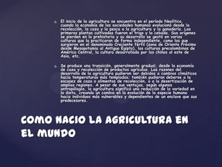    El inicio de la agricultura se encuentra en el período Neolítico,
         cuando la economía de las sociedades humanas evolucionó desde la
         recolección, la caza y la pesca a la agricultura y la ganadería. Las
         primeras plantas cultivadas fueron el trigo y la cebada. Sus orígenes
         se pierden en la prehistoria y su desarrollo se gestó en varias
         culturas que la practicaron de forma independiente, como las que
         surgieron en el denominado Creciente fértil (zona de Oriente Próximo
         desde Mesopotamia al Antiguo Egipto), las culturas precolombinas de
         América Central, la cultura desarrollada por los chinos al este de
         Asia, etc.

        Se produce una transición, generalmente gradual, desde la economía
         de caza y recolección de productos agrícolas. Las razones del
         desarrollo de la agricultura pudieron ser debidas a cambios climáticos
         hacia temperaturas más templadas; también pudieron deberse a la
         escasez de caza o alimentos de recolección, o a la desertización de
         amplias regiones. A pesar de sus ventajas, según algunos
         antropólogos, la agricultura significó una reducción de la variedad en
         la dieta, creando un cambio en la evolución de la especie humana
         hacia individuos más vulnerables y dependientes de un enclave que sus
         predecesores.




Como nacio la agricultura en
el mundo
 