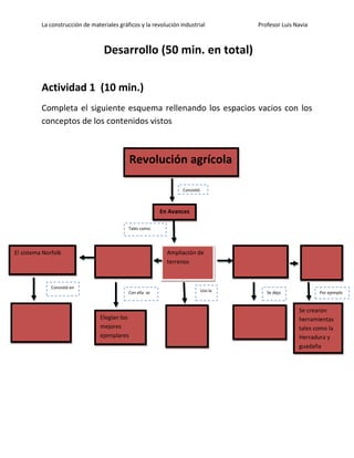 La construcción de materiales gráficos y la revolución industrial Profesor Luis Navia 
Desarrollo (50 min. en total) 
Actividad 1 (10 min.) 
Completa el siguiente esquema rellenando los espacios vacios con los conceptos de los contenidos vistos 
Revolución agrícola 
En Avances 
Consistió 
El sistema Norfolk 
Ampliación de terrenos 
Consistió en 
Elegían los mejores ejemplares 
Se crearon herramientas tales como la Herradura y guadaña 
Tales como: 
Con ella se 
Uso la 
Se dejo 
Por ejemplo  