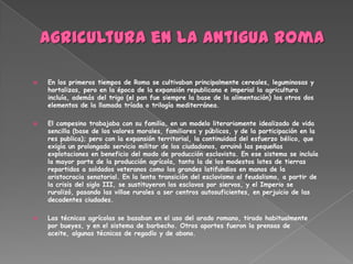    En los primeros tiempos de Roma se cultivaban principalmente cereales, leguminosas y
    hortalizas, pero en la época de la expansión republicana e imperial la agricultura
    incluía, además del trigo (el pan fue siempre la base de la alimentación) los otros dos
    elementos de la llamada tríada o trilogía mediterránea.

   El campesino trabajaba con su familia, en un modelo literariamente idealizado de vida
    sencilla (base de los valores morales, familiares y públicos, y de la participación en la
    res publica); pero con la expansión territorial, la continuidad del esfuerzo bélico, que
    exigía un prolongado servicio militar de los ciudadanos, arruinó las pequeñas
    explotaciones en beneficio del modo de producción esclavista. En ese sistema se incluía
    la mayor parte de la producción agrícola, tanto la de los modestos lotes de tierras
    repartidos a soldados veteranos como los grandes latifundios en manos de la
    aristocracia senatorial. En la lenta transición del esclavismo al feudalismo, a partir de
    la crisis del siglo III, se sustituyeron los esclavos por siervos, y el Imperio se
    ruralizó, pasando las villae rurales a ser centros autosuficientes, en perjuicio de las
    decadentes ciudades.

   Las técnicas agrícolas se basaban en el uso del arado romano, tirado habitualmente
    por bueyes, y en el sistema de barbecho. Otros aportes fueron la prensas de
    aceite, algunas técnicas de regadío y de abono.
 