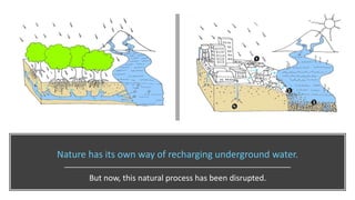 Nature has its own way of recharging underground water.
But now, this natural process has been disrupted.
 