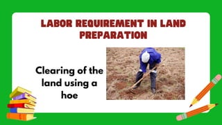 Clearing of the
land using a
hoe
 