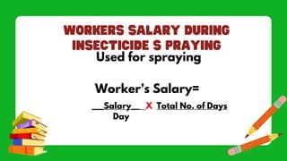 Used for spraying
Worker’s Salary=
__Salary__ X Total No. of Days
Day
 