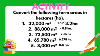 ACTIVITY
Convert the following farm areas in
hectares (ha).
1. 32,000 m2 ans= 3.2ha
2. 88,000 m2 = 8.8 ha.
3. 73,500 m2 7.35 ha
4. 65,780 m2 6.578 ha.
5. 8,000 m2 0.8 ha.
 