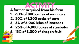 ACTIVITY
A farmer acquired from his farm
1. 60% of 800 crates of mangoes
2. 30% of 1,200 sacks of corn
3. 8% of 5,000 kilos of lanzones
4. 25% of 4,800 boxes of rambutan
5. 15% of 8,000 of dragon fruit
 
