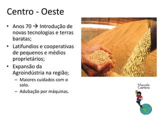 • Anos 70  Introdução de
novas tecnologias e terras
baratas;
• Latifundios e cooperativas
de pequenos e médios
proprietários;
• Expansão da
Agroindústria na região;
– Maiores cuidados com o
solo.
– Adubação por máquinas.
Centro - Oeste
 