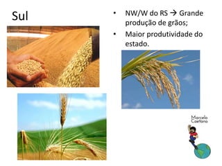 Sul • NW/W do RS  Grande
produção de grãos;
• Maior produtividade do
estado.
 