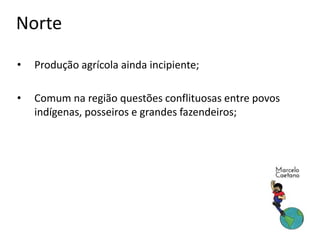 Norte
• Produção agrícola ainda incipiente;
• Comum na região questões conflituosas entre povos
indígenas, posseiros e grandes fazendeiros;
 