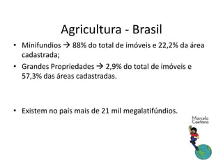 • Minifundios  88% do total de imóveis e 22,2% da área
cadastrada;
• Grandes Propriedades  2,9% do total de imóveis e
57,3% das áreas cadastradas.
• Existem no país mais de 21 mil megalatifúndios.
Agricultura - Brasil
 