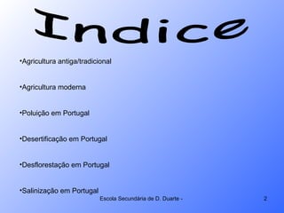 Indice Agricultura antiga/tradicional Agricultura moderna Poluição em Portugal Desertificação em Portugal Desflorestação em Portugal Salinização em Portugal 
