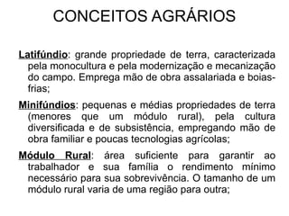 TIPOS DE AGRICULTURA Agricultura de Jardinagem : praticada em pequenas e médias propriedades, geralmente por mão-de-obra familiar, destaca-se pela alta produtividade resultante do uso de sementes selecionadas, fertilizantes e técnicas de preservação; 