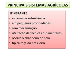 PRINCIPAIS SISTEMAS AGRÍCOLAS
 ITINERANTE
• sistema de subsistência
• em pequenas propriedades
• sem mecanização
• utilização de técnicas rudimentares
• ocorre o abandono do solo
• típica roça do brasileiro
 