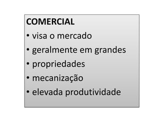 COMERCIAL
• visa o mercado
• geralmente em grandes
• propriedades
• mecanização
• elevada produtividade
 