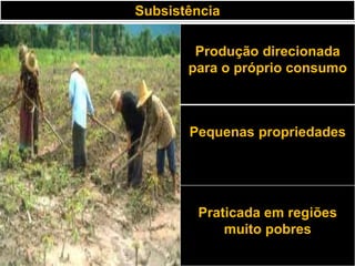 Subsistência

        Produção direcionada
       para o próprio consumo



       Pequenas propriedades




        Praticada em regiões
            muito pobres
 