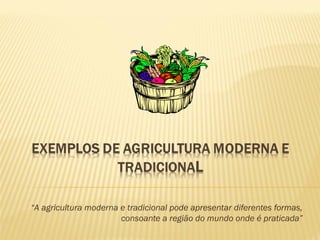 “A agricultura moderna e tradicional pode apresentar diferentes formas,
                       consoante a região do mundo onde é praticada”
 