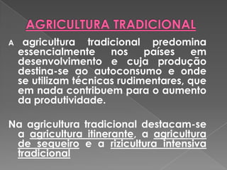 A agricultura tradicional predomina
essencialmente nos países em
desenvolvimento e cuja produção
destina-se ao autoconsumo e onde
se utilizam técnicas rudimentares, que
em nada contribuem para o aumento
da produtividade.
Na agricultura tradicional destacam-se
a agricultura itinerante, a agricultura
de sequeiro e a rizicultura intensiva
tradicional
 