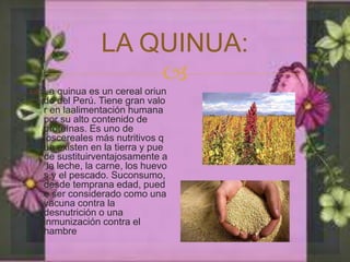 LA QUINUA: 
 
 La quinua es un cereal oriun 
do del Perú. Tiene gran valo 
r en laalimentación humana 
por su alto contenido de 
proteínas. Es uno de 
loscereales más nutritivos q 
ue existen en la tierra y pue 
de sustituirventajosamente a 
la leche, la carne, los huevo 
s y el pescado. Suconsumo, 
desde temprana edad, pued 
e ser considerado como una 
vacuna contra la 
desnutrición o una 
inmunización contra el 
hambre 
 
