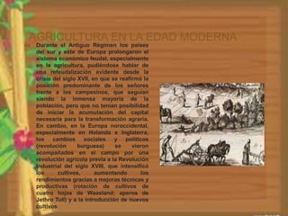 AGRICULTURA EN LA EDAD MODERNA 
 Durante el Antiguo Régimen los países 
del sur y este de Europa prolongaron el 
sistema económico feudal, especialmente 
en la agricultura, pudiéndose hablar de 
una refeudalización evidente desde la 
crisis del siglo XVII, en que se reafirmó la 
posición predominante de los señores 
frente a los campesinos, que seguían 
siendo la inmensa mayoría de la 
población, pero que no tenían posibilidad 
de iniciar la acumulación del capital 
necesaria para la transformación agraria. 
En cambio, en la Europa noroccidental, 
especialmente en Holanda e Inglaterra, 
los cambios sociales y políticos 
(revolución burguesa) se vieron 
acompañados en el campo por una 
revolución agrícola previa a la Revolución 
Industrial del siglo XVIII, que intensificó 
los cultivos, aumentando los 
rendimientos gracias a mejoras técnicas y 
productivas (rotación de cultivos de 
cuatro hojas de Waasland; aperos de 
Jethro Tull) y a la introducción de nuevos 
cultivos 
 