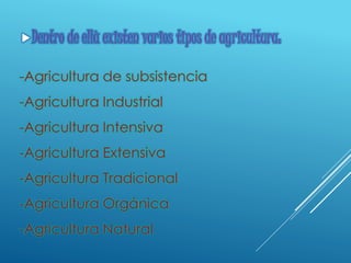 -Agricultura de subsistencia
-Agricultura Industrial
-Agricultura Intensiva
-Agricultura Extensiva
-Agricultura Tradicional
-Agricultura Orgánica
-Agricultura Natural
Dentro de ellà existen varios tipos de agricultura:
 