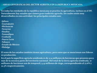 AREAS GEOGRAFICAS DEL SECTOR AGRICOLA EN LA REPUBLICA MEXICANA.
En todas las entidades de la república mexicana se practica la agricultura, incluso en el DF.
Naturalmente hay estados que tienen gran tradición agrícola, los cuales están muy
desarrollados en esta actividad, los principales estados son:
-Jalisco
-Guanajuato
-Michoacán
-Veracruz
-Sinaloa
-Tamaulipas
-Coahuila
-Nuevo León
-Tabasco
-Estado de México
-Hidalgo
El resto de los estados también tienen agricultura, pero estos que se mencionan son lideres
en producción.
En el país la superficie agrícola sembrada es de 21.9 millones de hectáreas que presenta poco
más de la onceava parte del territorio nacional. Del total de la tierra agrícola sembrada, 17
millones de hectáreas son de temporal y 4.9 millones de riego, correspondiendo al 77.6% y
22.3% respectivamente.
 