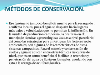 MÉTODOS DE CONSERVACIÓN.
 Ese fenómeno tampoco beneficia mucho para la recarga de
acuíferos locales, pues el agua se desplaza hacia lugares
más bajos a velocidades que no permiten la infiltración. En
la unidad de producción campesina, la destreza en el
manejo de técnicas agroecológicas usadas a nivel parcelario
así como las estrategias para amortiguar los factores socio
ambientales, son algunas de las características de estos
sistemas campesinos. Para el manejo y conservación de
suelos y agua se aplican entre otras técnicas las curvas de
nivel, que traen como beneficio el facilitar la retención y
penetración del agua de lluvia en los suelos, ayudando con
esto a la recarga de acuíferos locales.
 