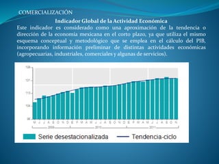 Indicador Global de la Actividad Económica
Este indicador es considerado como una aproximación de la tendencia o
dirección de la economía mexicana en el corto plazo, ya que utiliza el mismo
esquema conceptual y metodológico que se emplea en el cálculo del PIB,
incorporando información preliminar de distintas actividades económicas
(agropecuarias, industriales, comerciales y algunas de servicios).
COMERCIALIZACIÓN
 