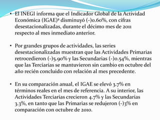 • El INEGI informa que el Indicador Global de la Actividad
Económica (IGAE)2 disminuyó (-)0.60%, con cifras
desestacionalizadas, durante el décimo mes de 2011
respecto al mes inmediato anterior.
• Por grandes grupos de actividades, las series
desestacionalizadas muestran que las Actividades Primarias
retrocedieron (-)5.90% y las Secundarias (-)0.54%, mientras
que las Terciarias se mantuvieron sin cambio en octubre del
año recién concluido con relación al mes precedente.
• En su comparación anual, el IGAE se elevó 3.7% en
términos reales en el mes de referencia. A su interior, las
Actividades Terciarias crecieron 4.7% y las Secundarias
3.3%, en tanto que las Primarias se redujeron (-)3% en
comparación con octubre de 2010.
 
