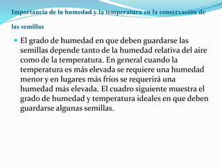Importancia de la humedad y la temperatura en la conservación de
las semillas
 El grado de humedad en que deben guardarse las
semillas depende tanto de la humedad relativa del aire
como de la temperatura. En general cuando la
temperatura es más elevada se requiere una humedad
menor y en lugares más fríos se requerirá una
humedad más elevada. El cuadro siguiente muestra el
grado de humedad y temperatura ideales en que deben
guardarse algunas semillas.
 