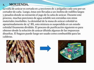 1. MOLIENDA.
La caña de azúcar es cortada en 4 secciones de 2 pulgadas cada una por un
cortador de caña. Luego, éstas son llevadas a un molino de rodillos largos
y pesados donde se extraerán el jugo de la caña de azúcar. Durante este
proceso, muchas porciones de agua soluble son extraídas con otros
materiales insolubles. La densidad de la masa de azúcar coloidal es
aproximadamente de 15° BX, esta mixtura es suspendida en un estado
coloidal finamente dividido. El proceso de purificación siguiente es para
obtener desde la solución de azúcar diluida algunas de las impurezas
disueltas. El bagazo puede luego ser usado como combustible para las
calderas.
 