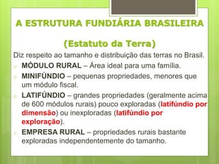 A ESTRUTURA FUNDIÁRIA BRASILEIRA
(Estatuto da Terra)
Diz respeito ao tamanho e distribuição das terras no Brasil.
o MÓDULO RURAL – Área ideal para uma família.
o MINIFÚNDIO – pequenas propriedades, menores que
um módulo fiscal.
o LATIFÚNDIO – grandes propriedades (geralmente acima
de 600 módulos rurais) pouco exploradas (latifúndio por
dimensão) ou inexploradas (latifúndio por
exploração).
o EMPRESA RURAL – propriedades rurais bastante
exploradas independentemente do tamanho.
 