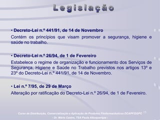 15
• Decreto-Lei n.º 441/91, de 14 de Novembro
Contém os princípios que visam promover a segurança, higiene e
saúde no trabalho.
• Decreto-Lei n.º 26/94, de 1 de Fevereiro
Estabelece o regime de organização e funcionamento dos Serviços de
Segurança, Higiene e Saúde no Trabalho previstos nos artigos 13º e
23º do Decreto-Lei n.º 441/91, de 14 de Novembro.
• Lei n.º 7/95, de 29 de Março
Alteração por ratificação do Decreto-Lei n.º 26/94, de 1 de Fevereiro.
Curso de Distribuição, Comercialização e Aplicação de Produtos Fitofarmacêuticos DCAPF/DGPC
- Dr. Mário Castro, TSA Paula Albuquerque -
 