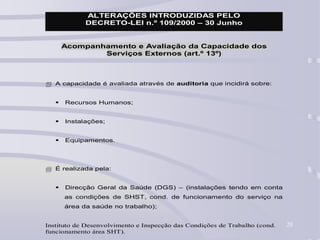 20
ALTERAÇÕES INTRODUZIDAS PELO
DECRETO-LEI n.º 109/2000 – 30 Junho
Acompanhamento e Avaliação da Capacidade dos
Serviços Externos (art.º 13º)
 A capacidade é avaliada através de auditoria que incidirá sobre:
 Recursos Humanos;
 Instalações;
 Equipamentos.
 É realizada pela:
 Direcção Geral da Saúde (DGS) – (instalações tendo em conta
as condições de SHST, cond. de funcionamento do serviço na
área da saúde no trabalho);
Instituto de Desenvolvimento e Inspecção das Condições de Trabalho (cond.
funcionamento área SHT).
 