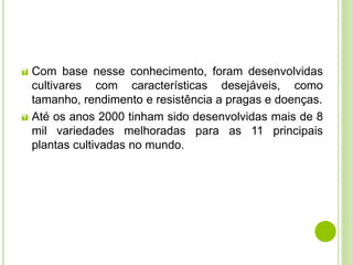  Com base nesse conhecimento, foram desenvolvidas
cultivares com características desejáveis, como
tamanho, rendimento e resistência a pragas e doenças.
 Até os anos 2000 tinham sido desenvolvidas mais de 8
mil variedades melhoradas para as 11 principais
plantas cultivadas no mundo.
 
