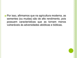  Por isso, afirmamos que na agricultura moderna, as
sementes (ou mudas) são de alto rendimento, pois
possuem características que as tornam menos
vulneráveis às adversidades abióticas e bióticas.
 