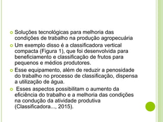  Soluções tecnológicas para melhoria das
condições de trabalho na produção agropecuária
 Um exemplo disso é a classificadora vertical
compacta (Figura 1), que foi desenvolvida para
beneficiamento e classificação de frutos para
pequenos e médios produtores.
 Esse equipamento, além de reduzir a penosidade
do trabalho no processo de classificação, dispensa
a utilização de água.
 Esses aspectos possibilitam o aumento da
eficiência do trabalho e a melhoria das condições
na condução da atividade produtiva
(Classificadora..., 2015).
 