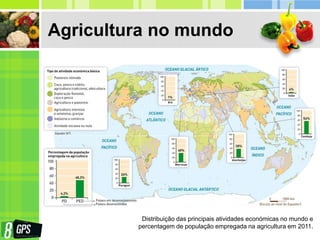 Agricultura no mundo
Distribuição das principais atividades económicas no mundo e
percentagem de população empregada na agricultura em 2011.
 