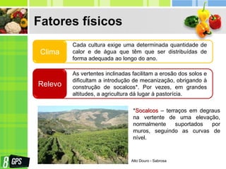 Fatores físicos
*Socalcos – terraços em degraus
na vertente de uma elevação,
normalmente suportados por
muros, seguindo as curvas de
nível.
Cada cultura exige uma determinada quantidade de
calor e de água que têm que ser distribuídas de
forma adequada ao longo do ano.
Clima
As vertentes inclinadas facilitam a erosão dos solos e
dificultam a introdução de mecanização, obrigando à
construção de socalcos*. Por vezes, em grandes
altitudes, a agricultura dá lugar à pastorícia.
Relevo
Alto Douro - Sabrosa
 